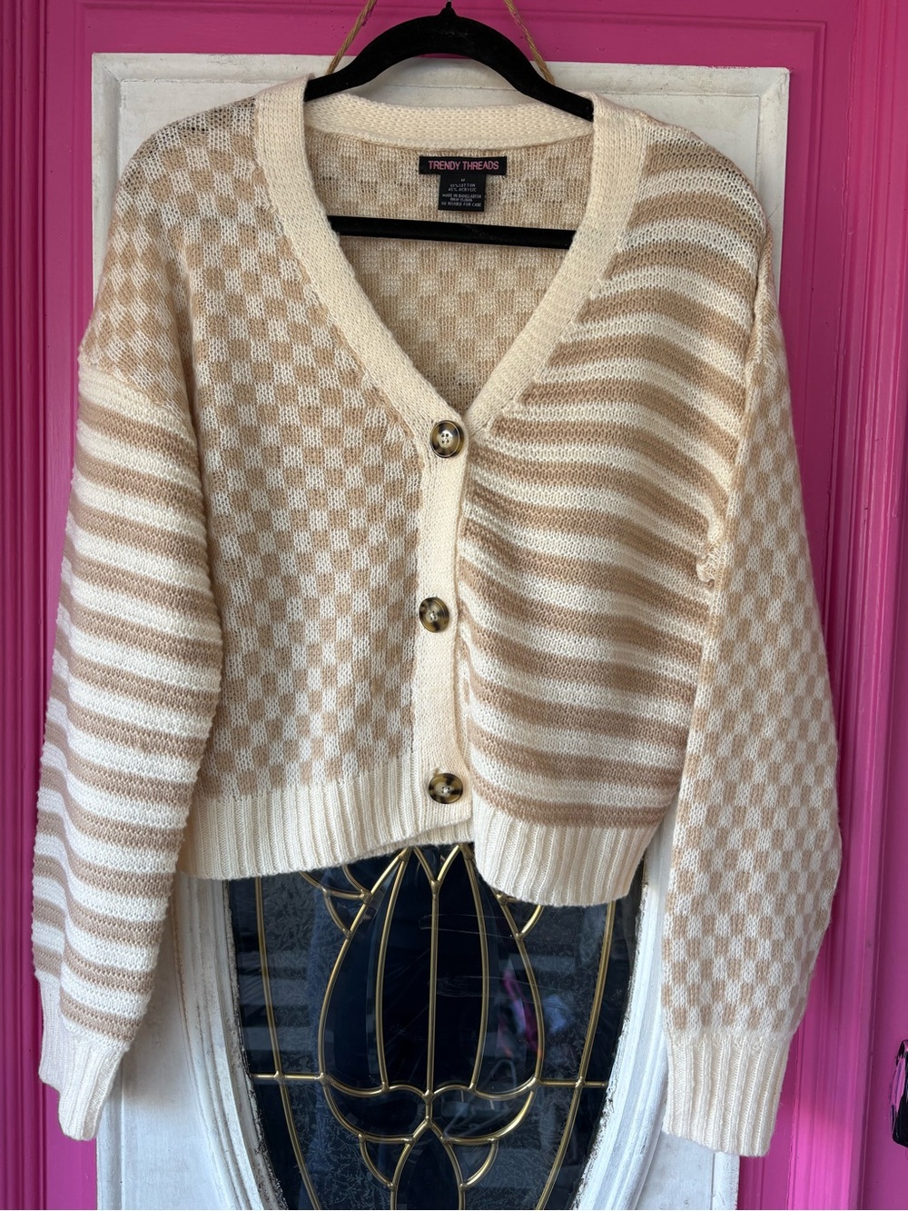 Cream & Tan Patterned Button-Front Cardigan fall Fall - Picture 2 of 9